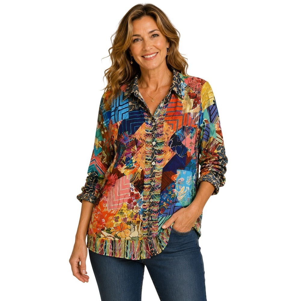 NWT John Mark Patchwork Floral Geometric Ruched Sleeve Button Down Shirt XS